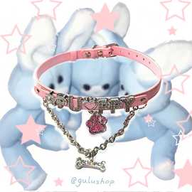 设计粉色y2k项链亚文化辣妹项圈骨头pu皮项圈ins风choker字母颈链