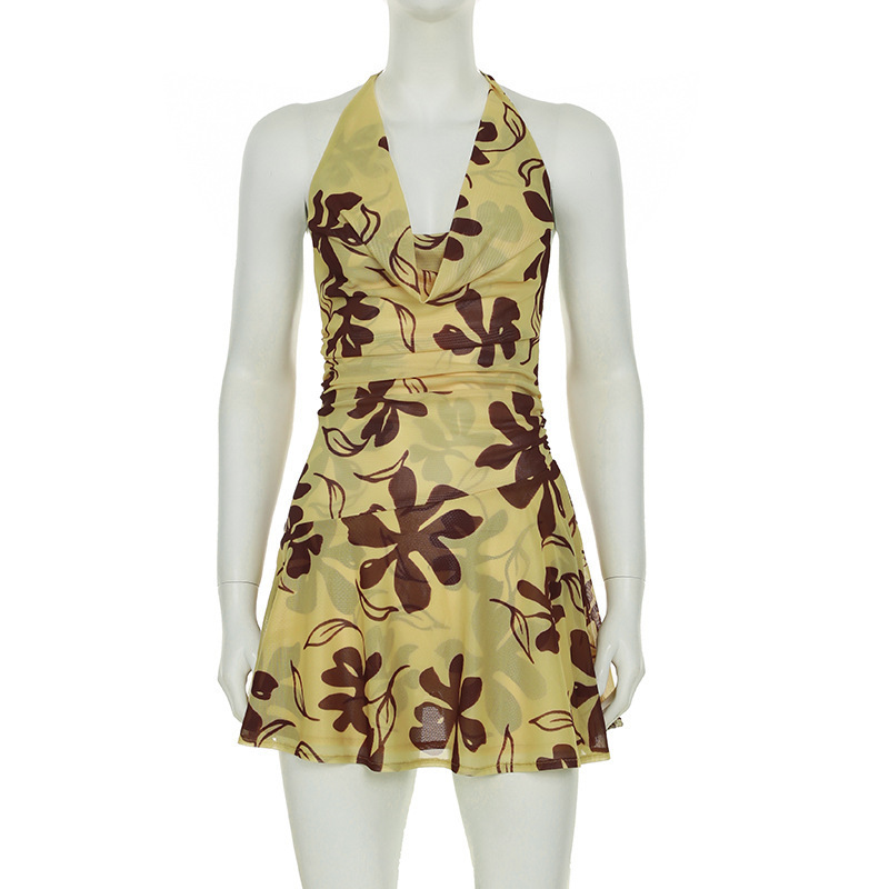 Women's Yellow Ombre Floral Print Cowl Neck Halter Sleeveless Maxi Dress – Boho Summer Resort Gown_ecoleips.com