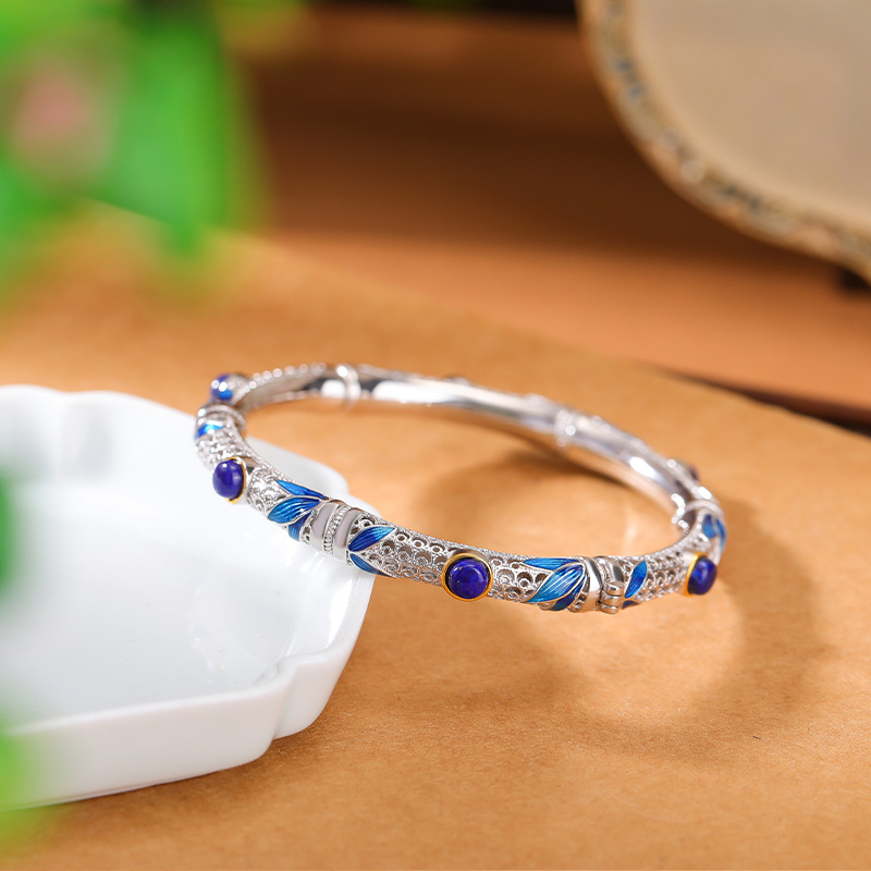 Vòng tay bạc S925 mạ vàng hạt Lapis lazuli phong cách cổ điển họa tiết tre lá rỗng — Các mặt có thể được mở (khoảng 21.5 gram)