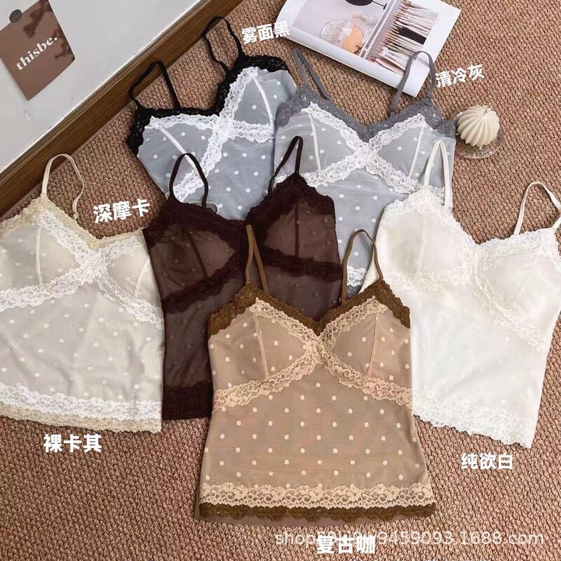 M051 # Lace polka dot skin-friendly brushed seamless fixed cup beautiful back camisole