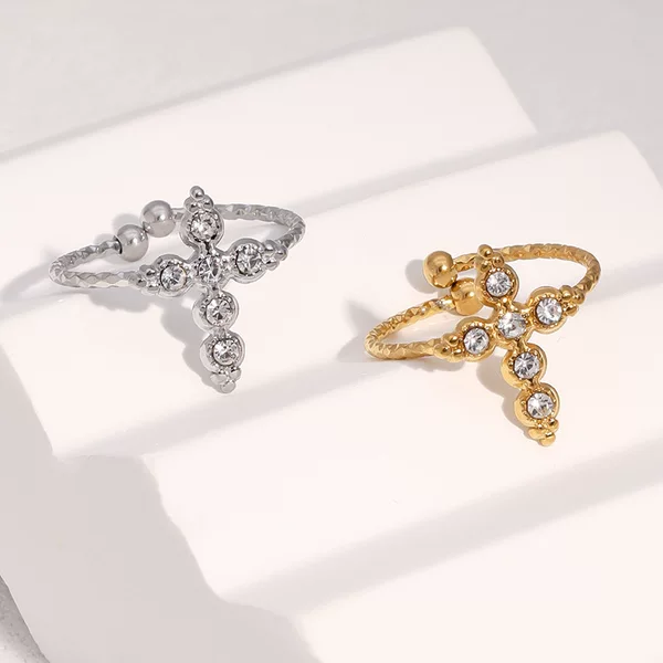 European and American Hot-Selling Stainless Steel Ring Personalized Retro Cross Diamond Open Ring 18K Gold Titanium Steel Hand Jewelry for Women
