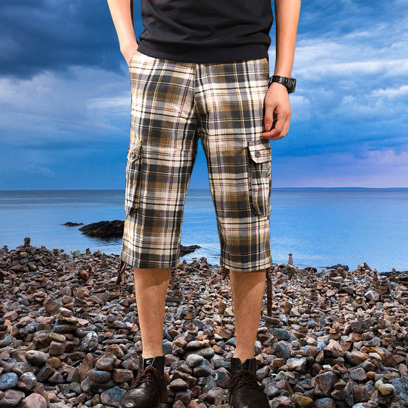 Primavera y verano Comercio exterior Plaid shorts pantalones de playa de los hombres multi-Bolsillo 7-punto pantalones sueltos más tamaño ropa de trabajo medio pantalones al por mayor