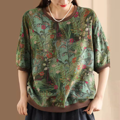 夏のゆったりとした大きいサイズの天糸麻文芸レトロな中袖のねじの丸首のプリントtシャツのカジュアルな婦人服の上着