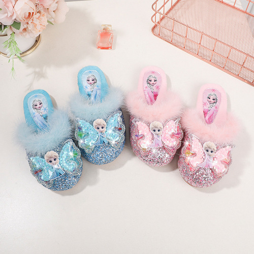 Children's cotton slippers winter fashion new plus velvet warm slippers girls Elsa Princess Baotou shoes girls fur slippers