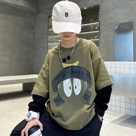 男童长袖假两件t恤春季2025新款儿童卡通印花男孩中大童上衣春秋
