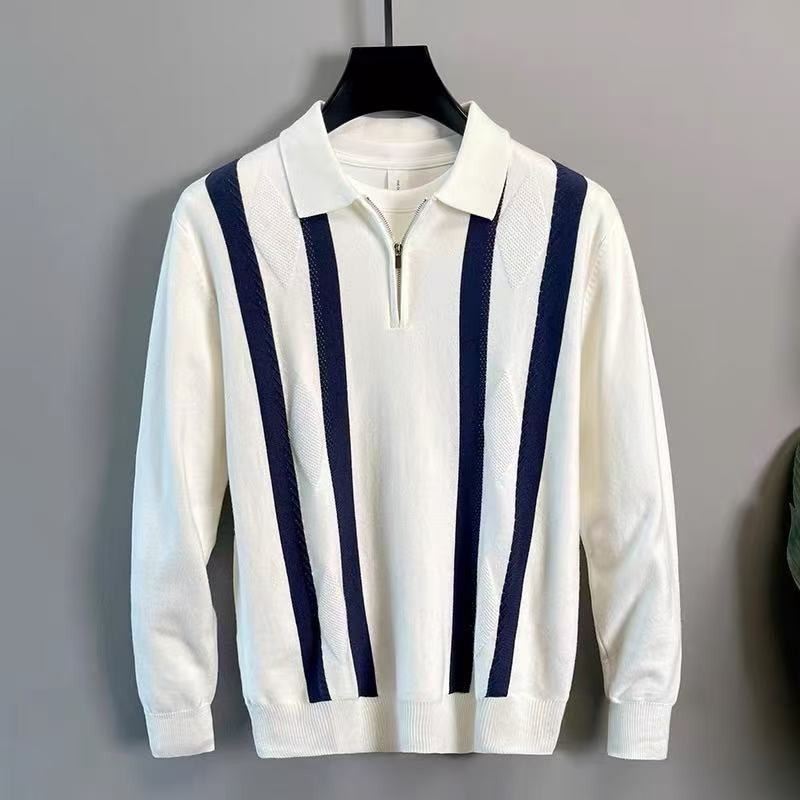 Men’s Half-zip Striped Knitted Polo Shirt Warm Autumn Winter Top_voghion.com