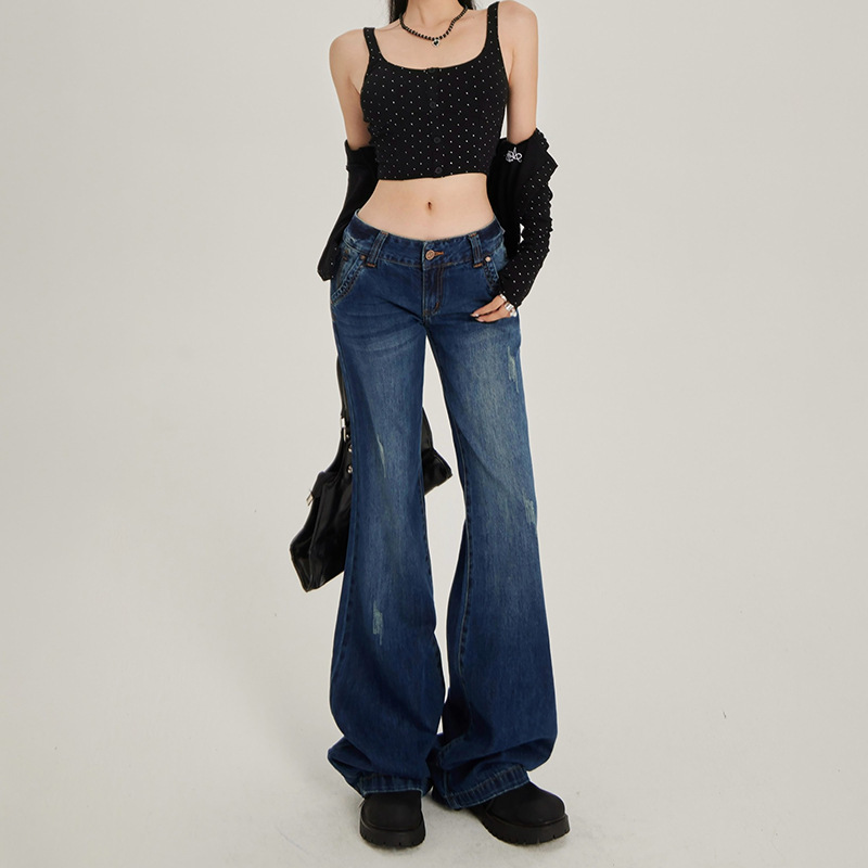 2024 American Style Retro Hot Girl Low Waist Flared Pants Autumn and Winter Hair-grabbing All-match Loose Jeans Women & Long Pants