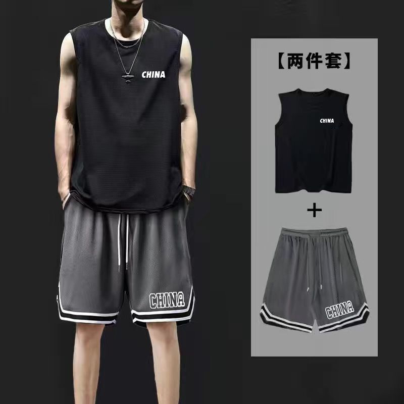 アイスシルクスポーツベストショーツスーツメンズ夏ランニングフィットネス大きいサイズ速乾性ノースリーブベストバスケットボールルーズ|undefined