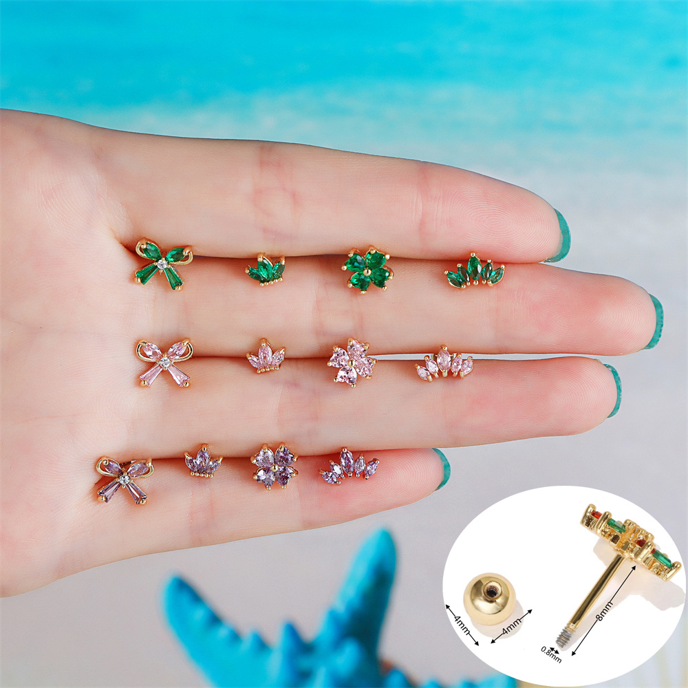 Color zircon bowknot ear bone studs screw piercing lock earring