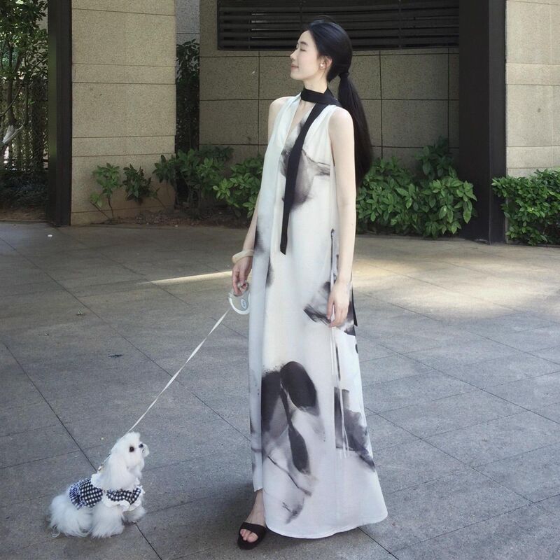 Beautiful Dress for Seaside Vacation, Women's Summer Generous Halterneck Suspender Skirt Vest Dress