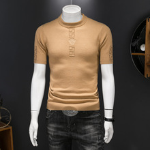 欧洲站2025新款男士提花毛衣羊毛衫短袖圆领针织衫套头修身打底衫