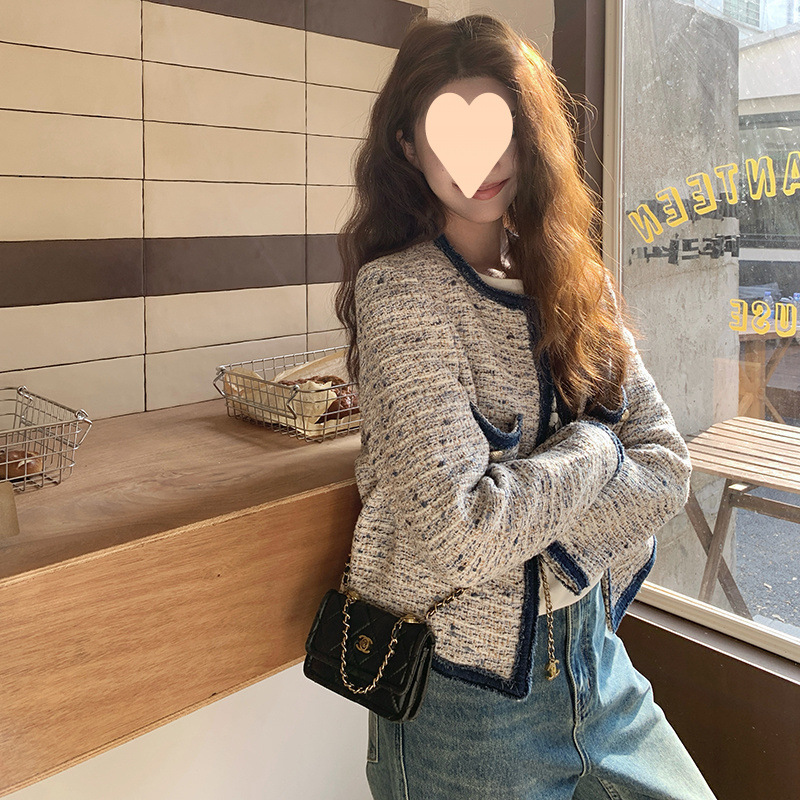 フレンチスタイルの女性用スプライスデニムショートジャケット2025春秋の新しいスタイルのスリムツイードショートトップ|undefined
