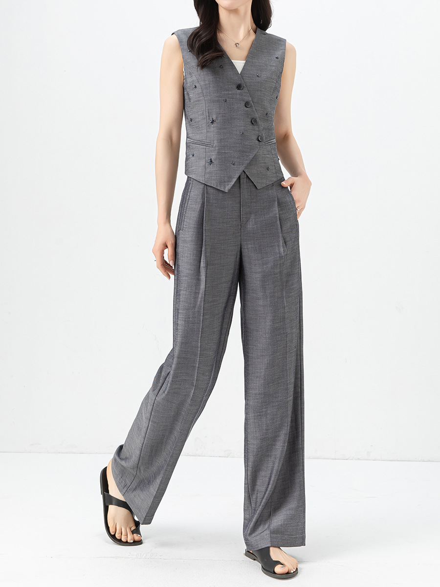 Bộ vest nữ phong cách tiền cũ Xinge áo vest gile quần ống rộng vải lanh Tencel mỏng mùa hè — Vest xám (65473)