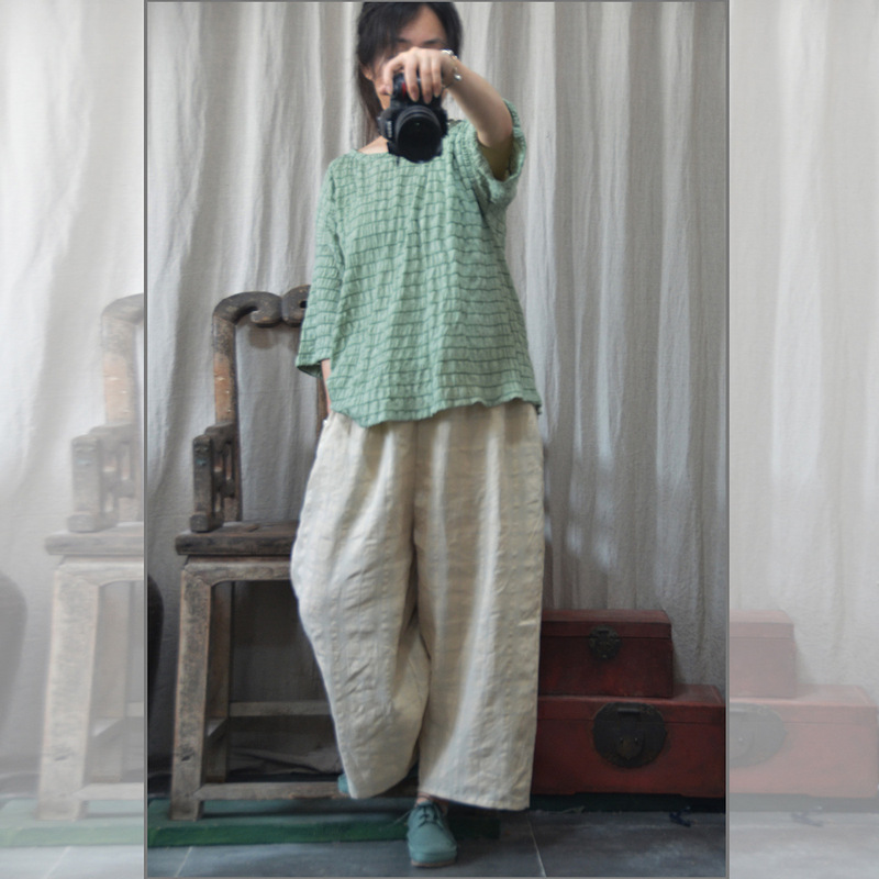 Special offer processing clear stock artistic round neck pullover small shirt fresh casual cotton linen women's cool top T-shirt