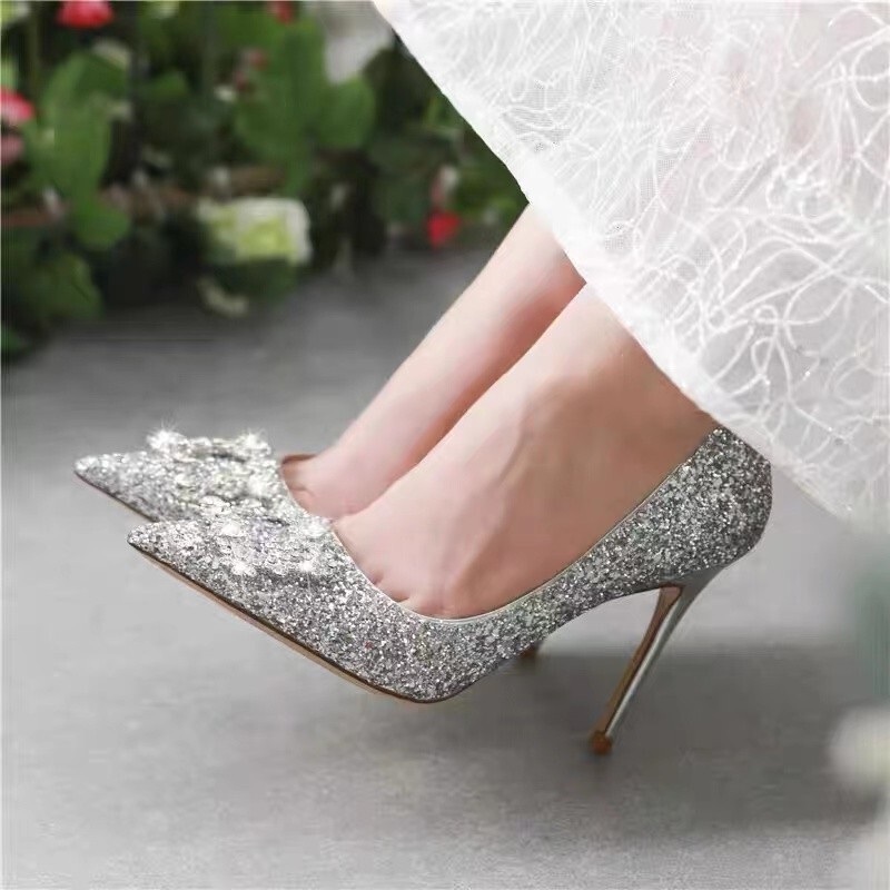 Main Yarn Wedding Shoes, Hexiu Wedding Dress, Two-Wear Bridal Shoes for Women, 2025 Engagement Silver Crystal High Heels, Not Tiring for Feet, Wedding