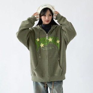 Autumn and Winter New American Style Retro Towel Embroidered Stars Fashion All-match Jacket Men's and Women's Street Style Loose Hooded Sweatshirt