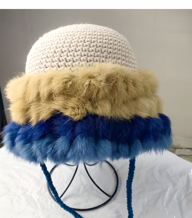 Cappello lavorato a maglia in pelo di coniglio per donna in autunno inverno, cappello in lana calda patchwork, versione coreana, peluche dolce e carino_voghion.com