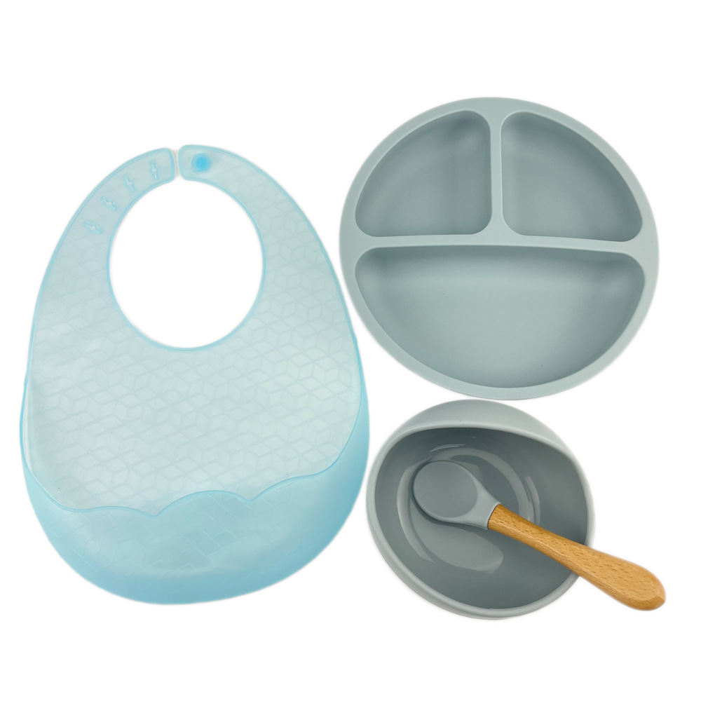 파란색 4 조각 접시 + 그릇 + 숟가락 + 턱받이