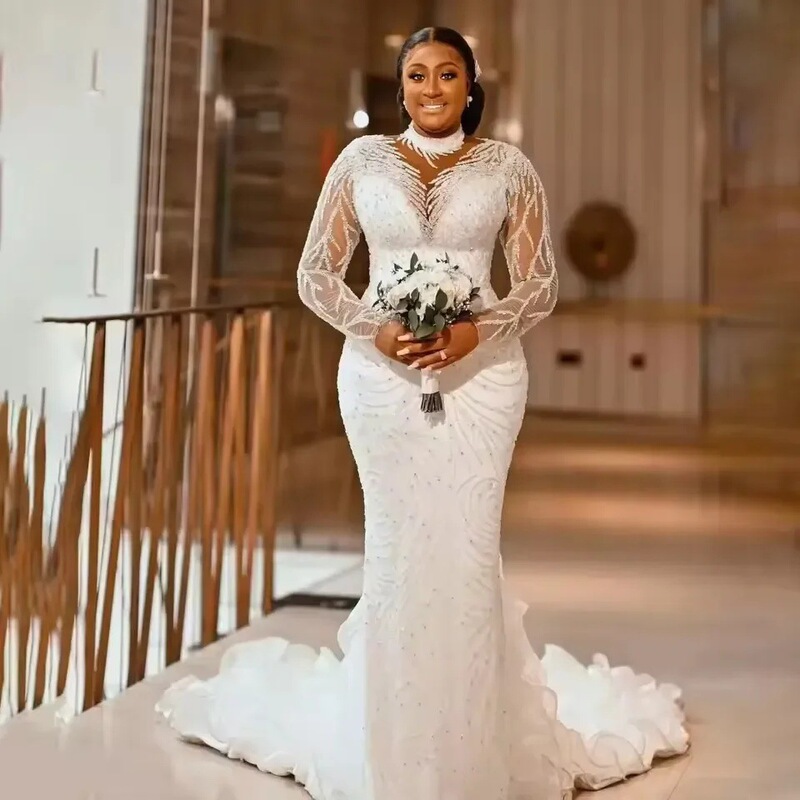 African Cross-Border Bridal Main Wedding Dress 2025 New Long Sleeve Plus Size Wedding Dress Mermaid Slim Fit Fishtail Wedding Dress Winter African Cross-Border Bridal Main Wedding Dress 2025 New Long Sleeve Plus Size Wedding Dress Mermaid Slim Fit Fishtail Wedding Dress Winter