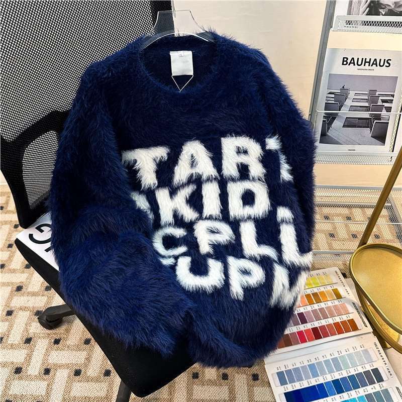 Cross-border autumn and winter mink fur relaxed style sweater unisex American retro trendy brand couple knitwear top