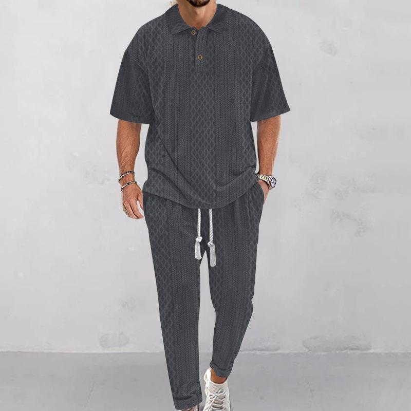 Conjunto de ropa de hombre transfronterizo de verano europeo y americano de color sólido cuello redondo de manga corta deportiva de comercio exterior camiseta de pantalones largos de dos piezas para hombres