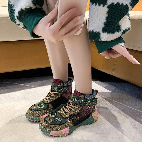 Europe Station 2024 Early Spring New Durian Water Diamond Studded Dad Shoes for Women, Ins Trendy Diamond-Studded Single Shoes with Thick Soles