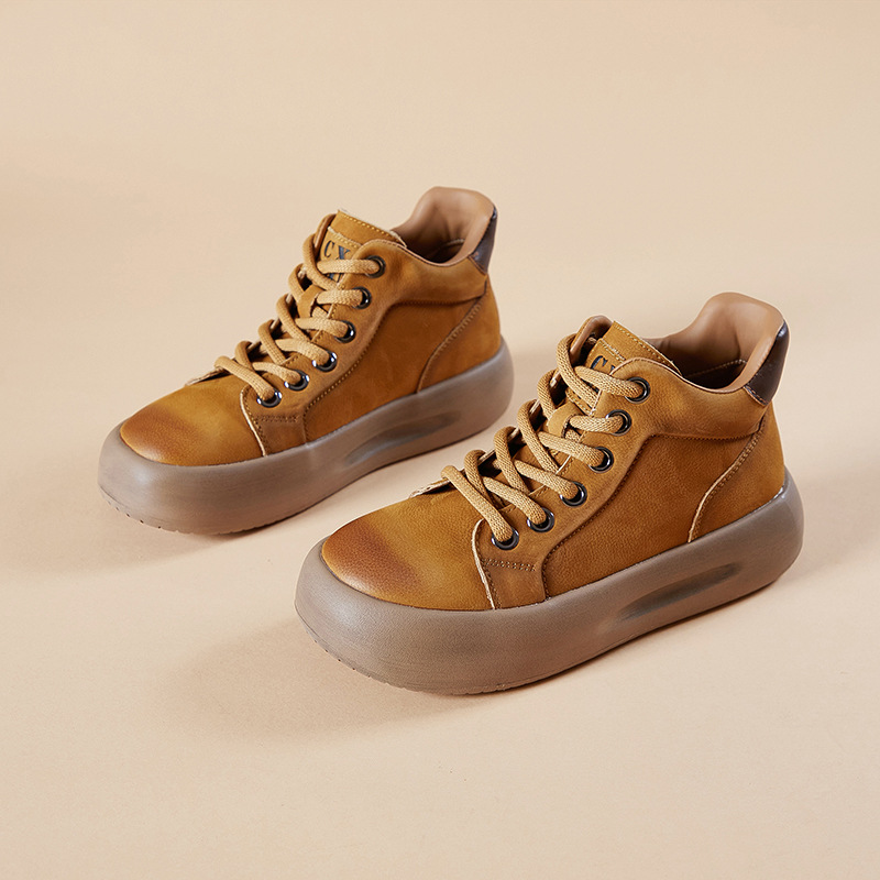 头层牛皮2024秋季新款女鞋休闲百搭复古厚底高帮鞋女时尚系带短靴