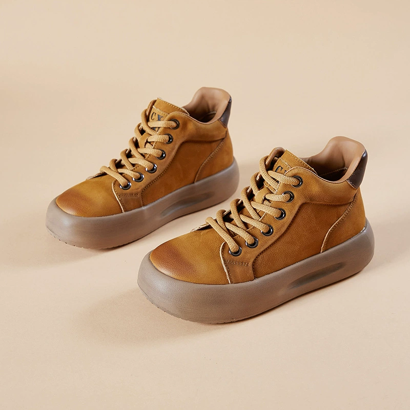 Листья из коровьей кожи 2024 осень новая женская обувь повседневная дикая ретро толстая подошва обувь женская мода шнуровка короткие сапоги