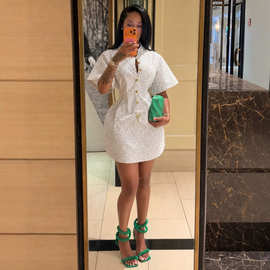 欧美跨境女装2026秋季新款气质高级感修身短袖印花设计感连衣裙