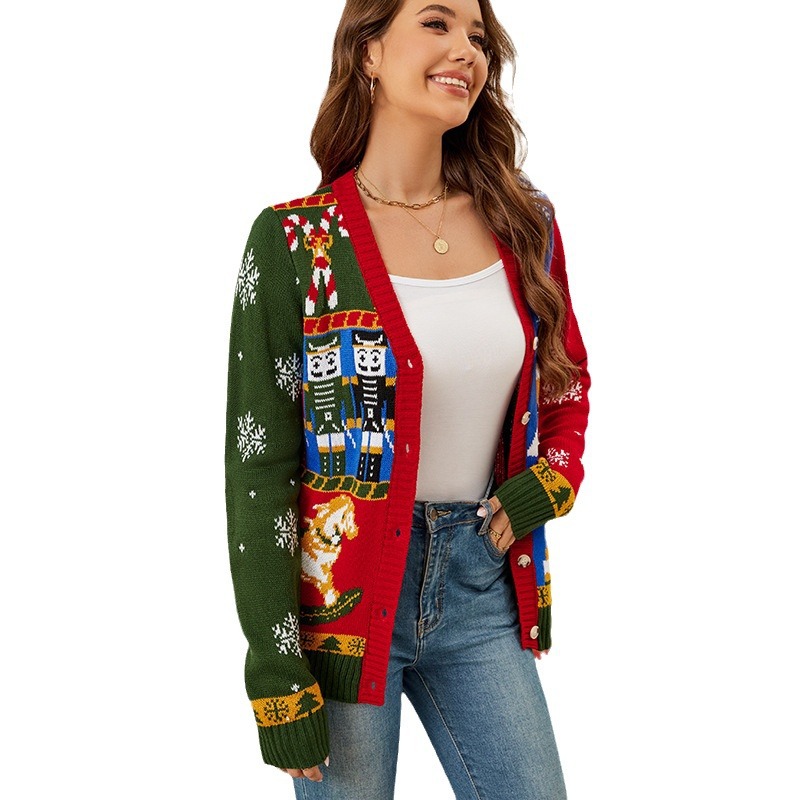 Damenbekleidung Herbst und Winter Langarm Strickjacke Weihnachtspullover Strickjacke Kontrastfarbe Jacquard Weihnachtspullover_voghion.com