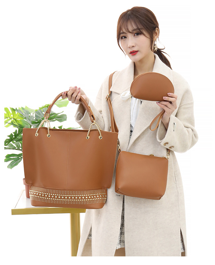 New 2024 foreign trade mother-daughter bag three-piece set, European and American fashion single-shoulder crossbody bag, versatile rivet hand-held large bag Specification drawing
