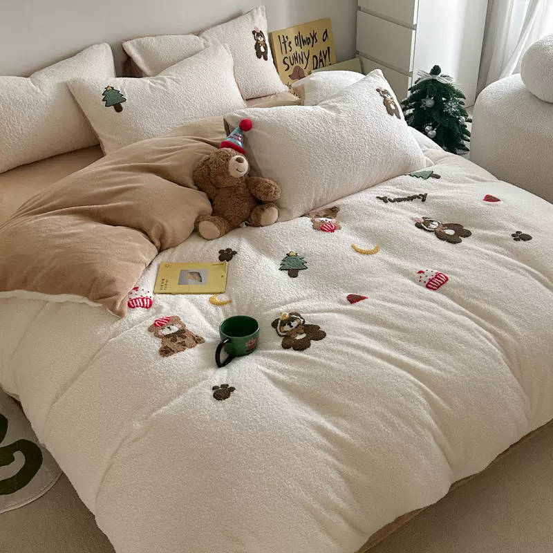卡通可爱加厚珊瑚牛奶绒床上四件套加绒床品法兰绒面被套床单床笠