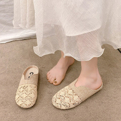 復古包頭半拖鞋女夏外穿2024新款鏤空蕾絲平底一腳蹬懶人亞麻涼拖