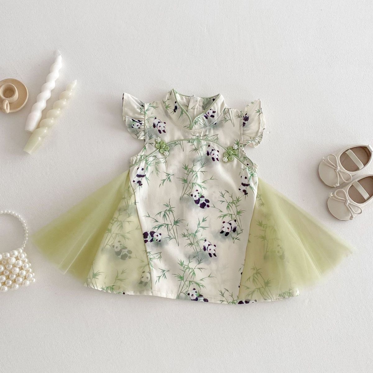 Pandillas de panda para bebés 0-5 años de edad, bebé de verano, mampara de estilo chino, vestido de moda para niñas de estilo occidental