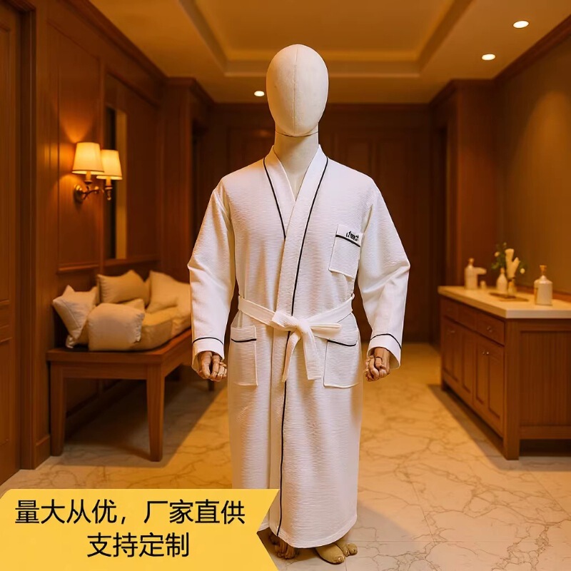 Pure Cotton White Waffle Custom Hotel Bathrobe Spa Spa Club Beauty Salon Bathrobe Export Export Cross-Border