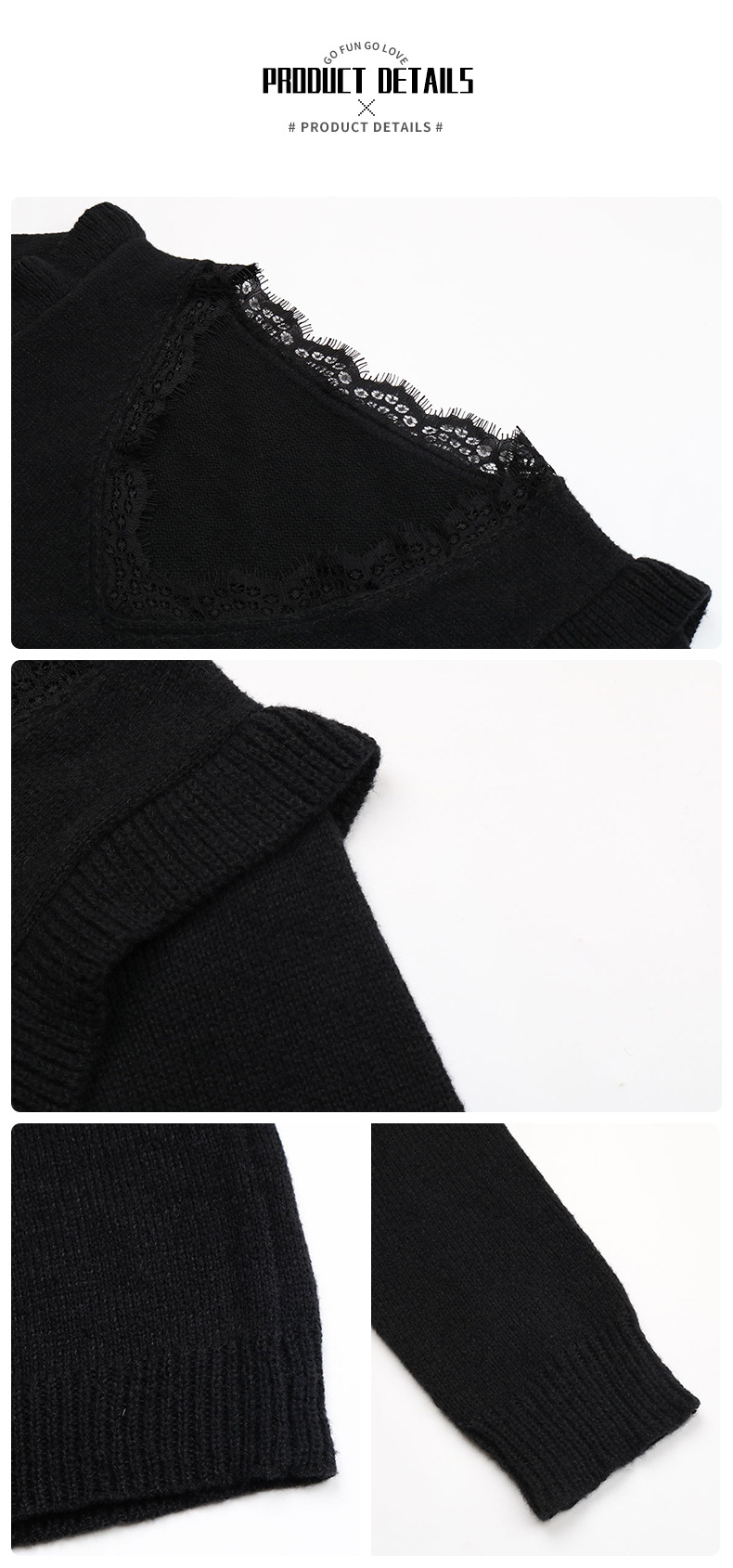 Pullover maglione a maniche lunghe patchwork in pizzo nero con scollo a V_voghion.com