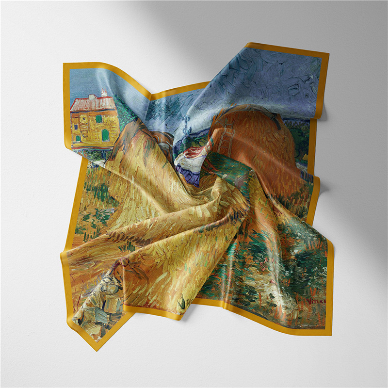 Van Gogh arte pintura al óleo serie pequeña bufanda cuadrada de las mujeres nuevo todo-Partido bolsa de corbata de sarga artificial de seda pequeña bufanda cuadrada bufanda