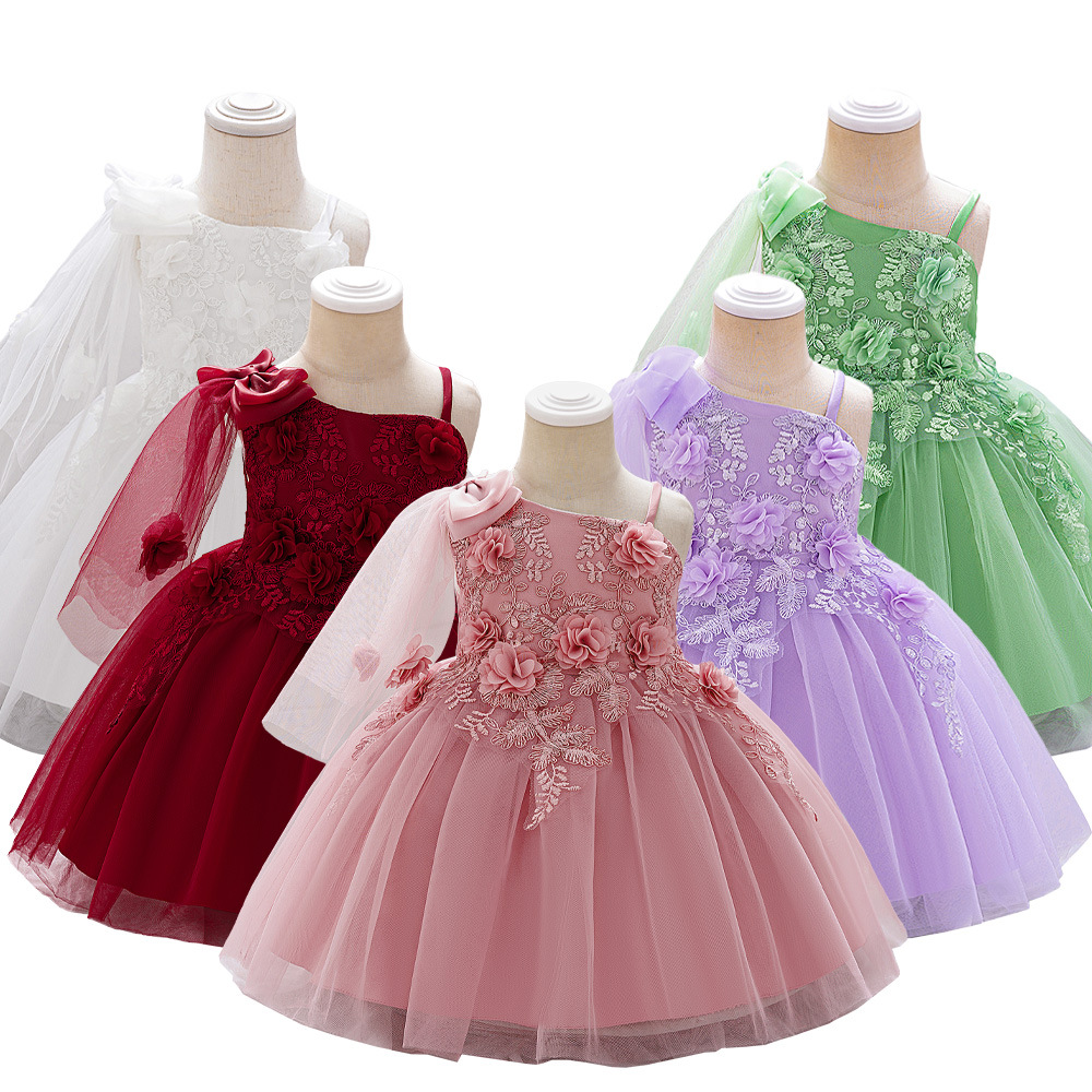 Vestido de lacio de fábrica vestido de novia blanco vestido de vestir chal vestido de princesa hinchada para niños