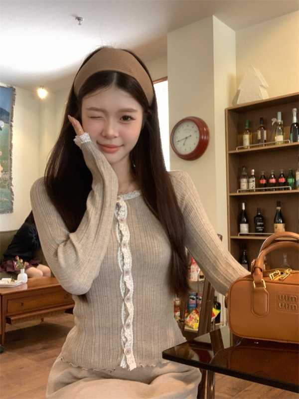小个子短款蕾丝花边圆领长袖针织衫上衣女装修身显瘦开衫毛衣秋季|undefined