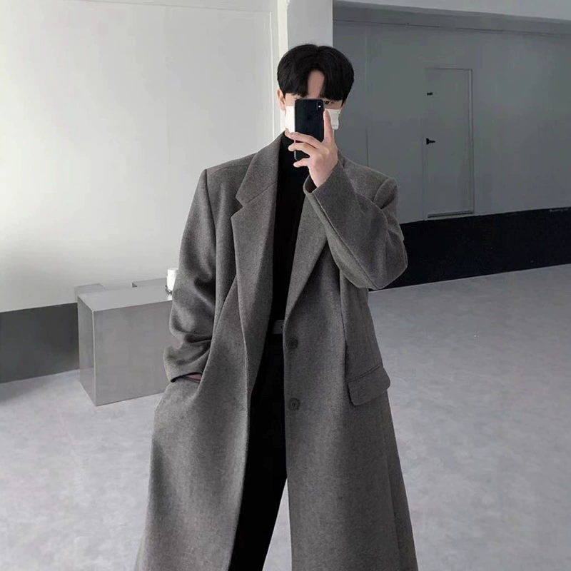 Bishe темперамент корейская версия осеннего и зимнего шерстяного пальто мужской длинный однобортный свободный тренд