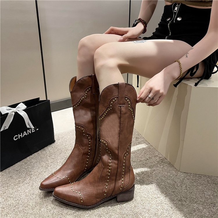 Retro denim high boots with studs English style pointed-toe