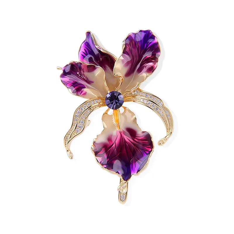 New Cross-Border French Retro Enamel Purple Orchid Brooch Jewelry Plant Corsage Iris Light Luxury High-End