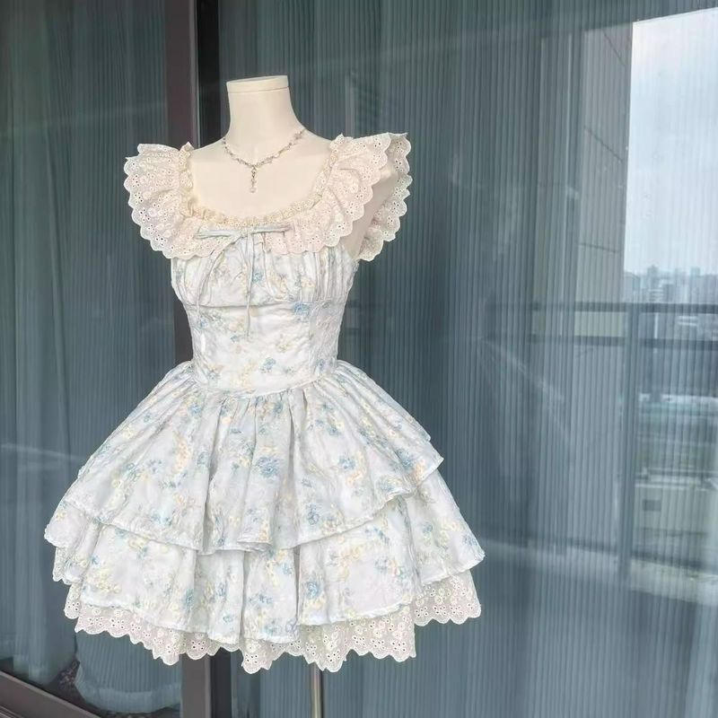 法式甜美碎花小飞袖连衣裙夏季新款千金感收腰纯欲风公主蓬蓬裙|undefined