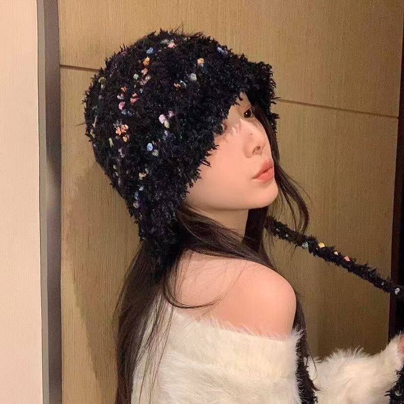 彩色豆豆毛绒帽子女秋冬保暖护耳毛线帽显脸小百搭系带针织包头帽|undefined
