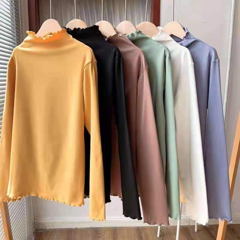 Autumn and Winter Kitten Diary Base Shirt Velvet Solid Color Slim-fit Half-high Collar Long-sleeved T-shirt Women's Base Shirt Autumn and Winter Kitten Diary Base Shirt Velvet Solid Color Slim-fit Half-high Collar Long-sleeved T-shirt Women's Base Shirt