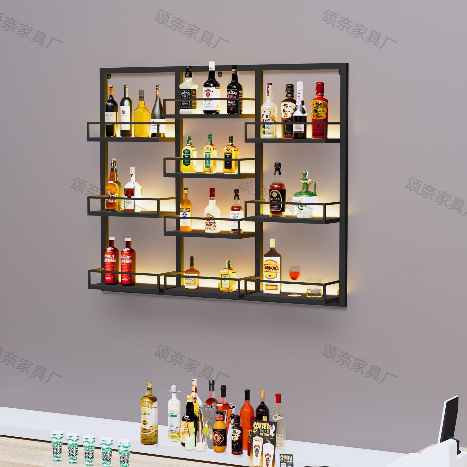 New Wall-Mounted Wine Rack Bar Bar Wall Red Wine Cabinet Restaurant Wall-Mounted Luminous Display Rack Multi-Layer Storage Rack