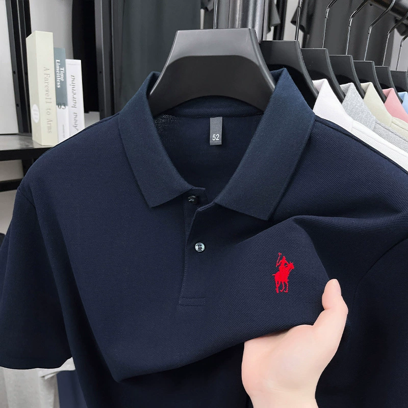 Летняя рубашка-поло из мерсеризованного хлопка, мужская футболка с лацканами, однотонная футболка с короткими рукавами, повседневная футболка с половиной рукавов, футболка с логотипом пони