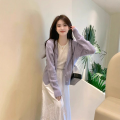 紫色镂空毛衣薄款外套女2025早秋温柔风开衫气质马海毛针织衫上衣