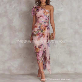 2026夏季欧美亚马逊跨境女装时尚法式气质雪纺花朵印花修身连衣裙