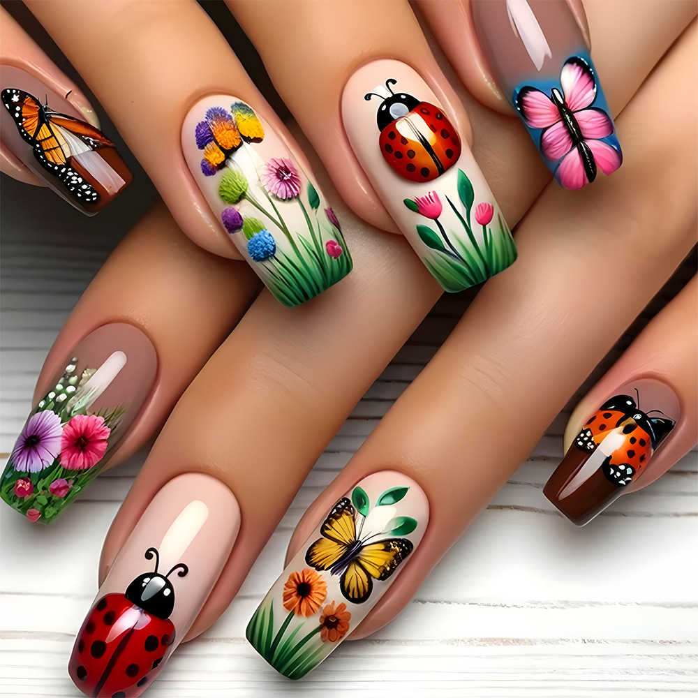 Comercio exterior retrógrado pastoral viento pequeño fresco usar uñas 24 piezas escalera larga manicura blanca fábrica de uñas en stock suministro directo
